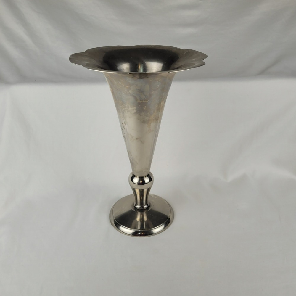 Vintage Silver Plated Trumpet Vase Scalloped Rim Weighted Pedestal Base 12 Inch